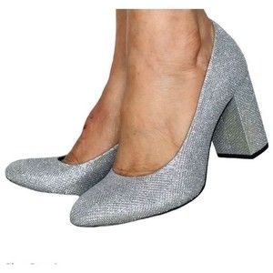 Bella Vita Wmn Silver Glitter Cushioned Block Heels Glam Evening Pumps Sz 7 NIB